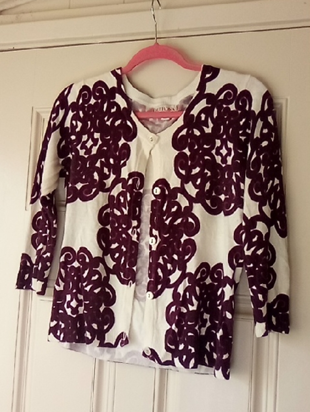Merona White Cardigan with Plum Swirl Accents